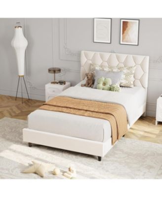 Twin Platform Bed Frame with Adjustable Upholstered Headboard, Modern Design, Wooden Slats Support, Triangular Legs, Easy Assembly