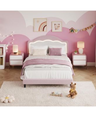 Kids Bed Frame with LED Headboard, Sherpa Upholstered Platform Bed, Wooden Slats Support, No Box Spring Needed