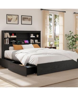 Bed Frame with Storage Bookcase Headboard & 4 Drawers, Wood Platform Bed with Charging Station, No Box Spring