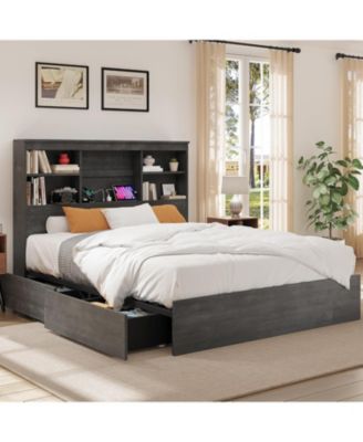 King Bed Frame with Storage Bookcase Headboard & 4 Drawers, Wood Platform Bed with Charging Station,No Box Spring, Ink