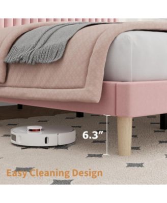 Full Size Velvet Platform Bed Frame with Vertical Channel Tufted Adjustable Headboard, Wooden Slats Support, No Box Spring