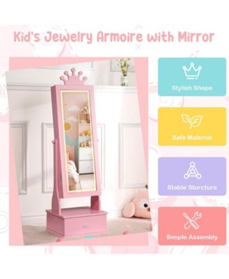 Kids Jewelry Armoire,Child Jewelry Cabinet with Led Light,Freestanding Jewelry Organizer with Full Length Mirror&Storage Drawers
