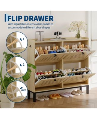 Shoe Storage Cabinet with 4 Hollow-Panel Flip Drawers and Black Square Handles