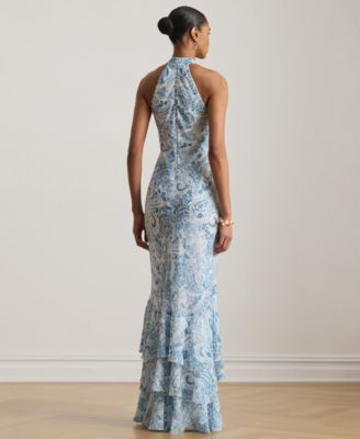 Paisley Crinkle Georgette Halter Gown