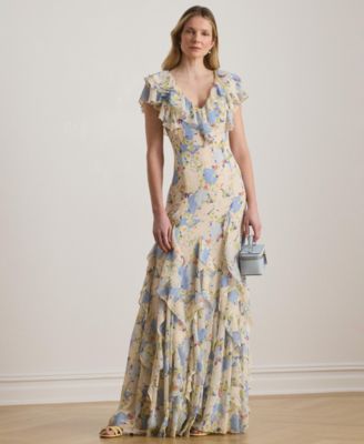 Floral Ruffle-Trim Georgette Gown