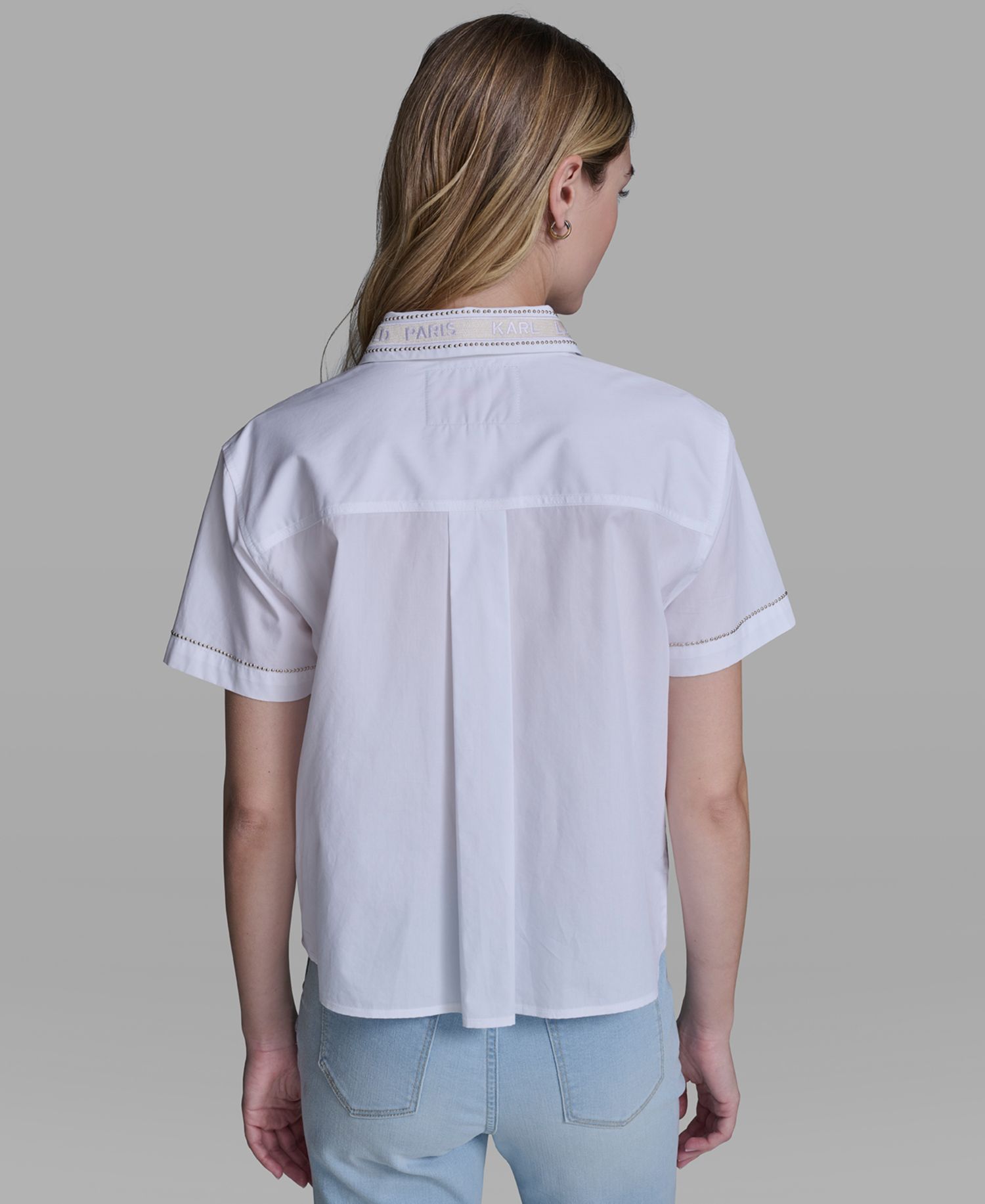 Women's Short-Sleeve Embroidered-Collar Top