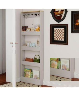 Behind Door Bookshelf - Wooden Slim Tall Bookcase with 4-Tier Shelves and 5 Hooks, Narrow Storage Cabinet for Living Room, Study Room