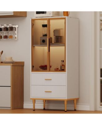 Fluted Pantry Cabinet with Glass Door and 2 Drawers, Kitchen Pantry Storage Cabinet with Adjustable Shelves, Modern Display Sideboard