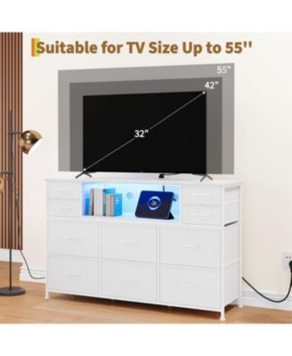 10 Fabric Drawers Dresser, Entertainment Center TV Stand with Power Outlet & LED Light for 45"-55" TV, Chest of Drawers with Wood
