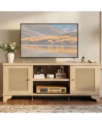61.8" Rattan TV Stand for TVs up to 70", Boho Entertainment Center Table, Media Console with Storage