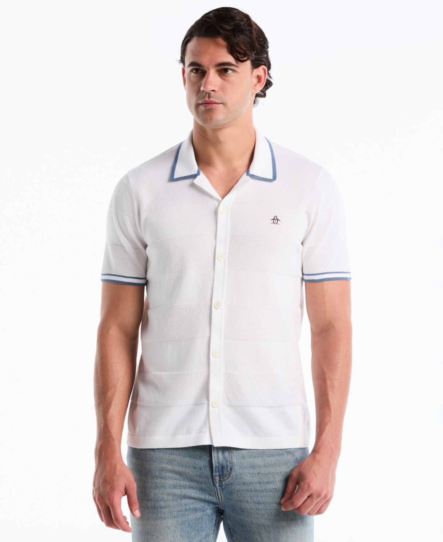 Мужской свитер Original Penguin Cotton Seed Stitch Polo Sweater, цвет: Яркий белый — фото 1