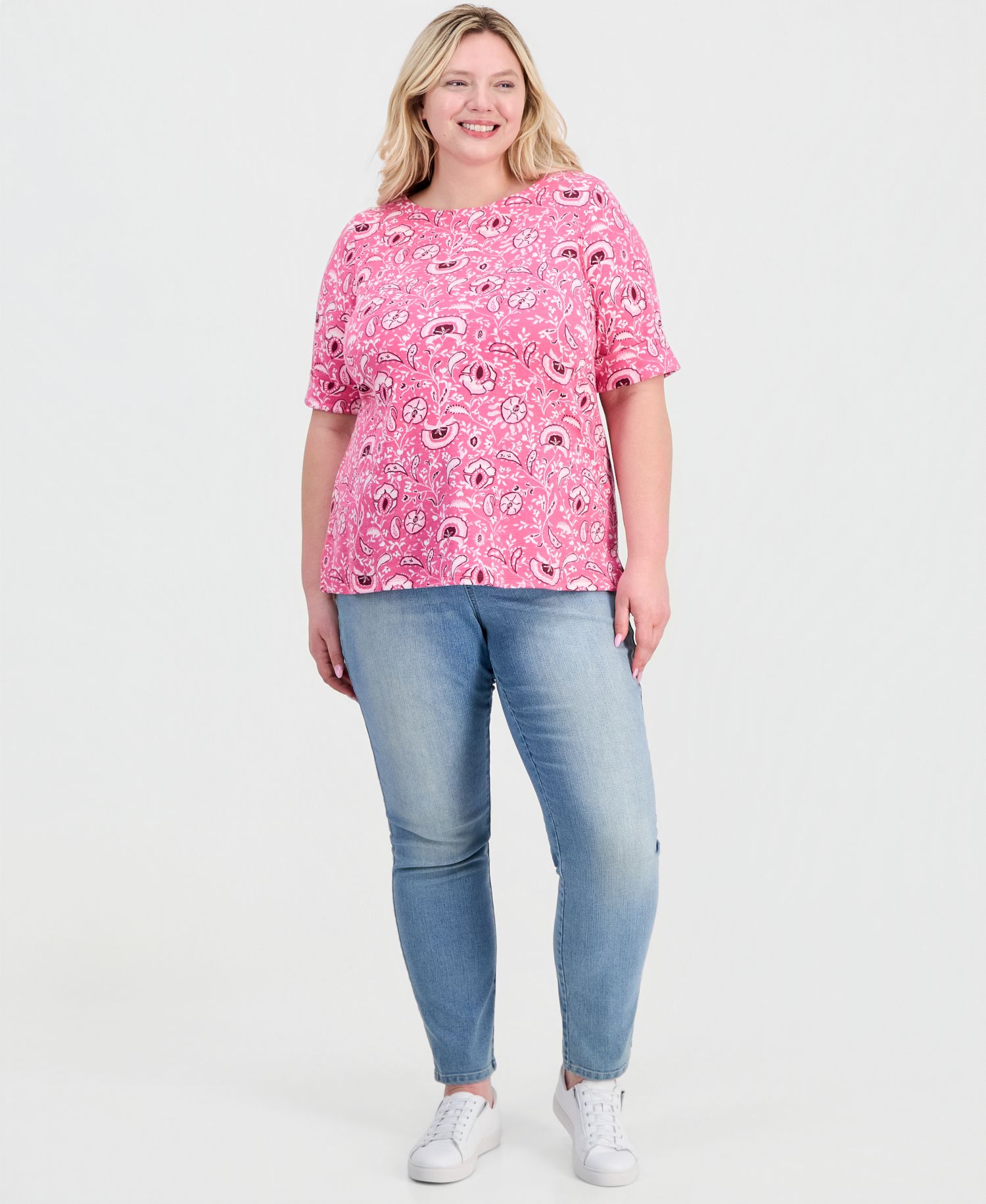Plus Size Printed Boat-Neck Elbow-Sleeve Top