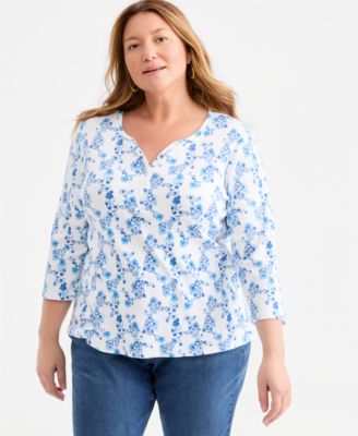 Plus Size Printed 3/4-Sleeve Henley Top