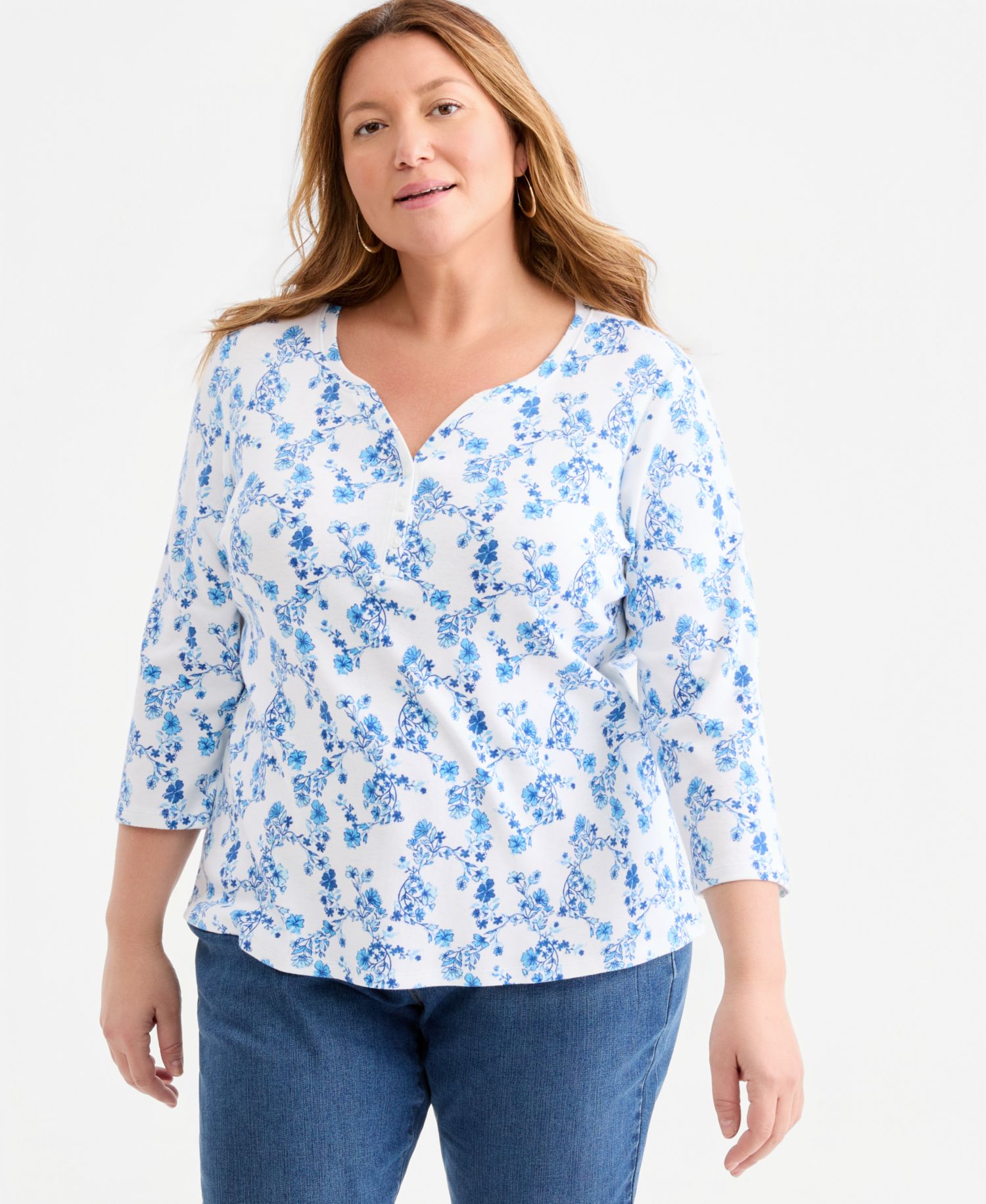 Petite Printed 3/4-Sleeve Henley Top