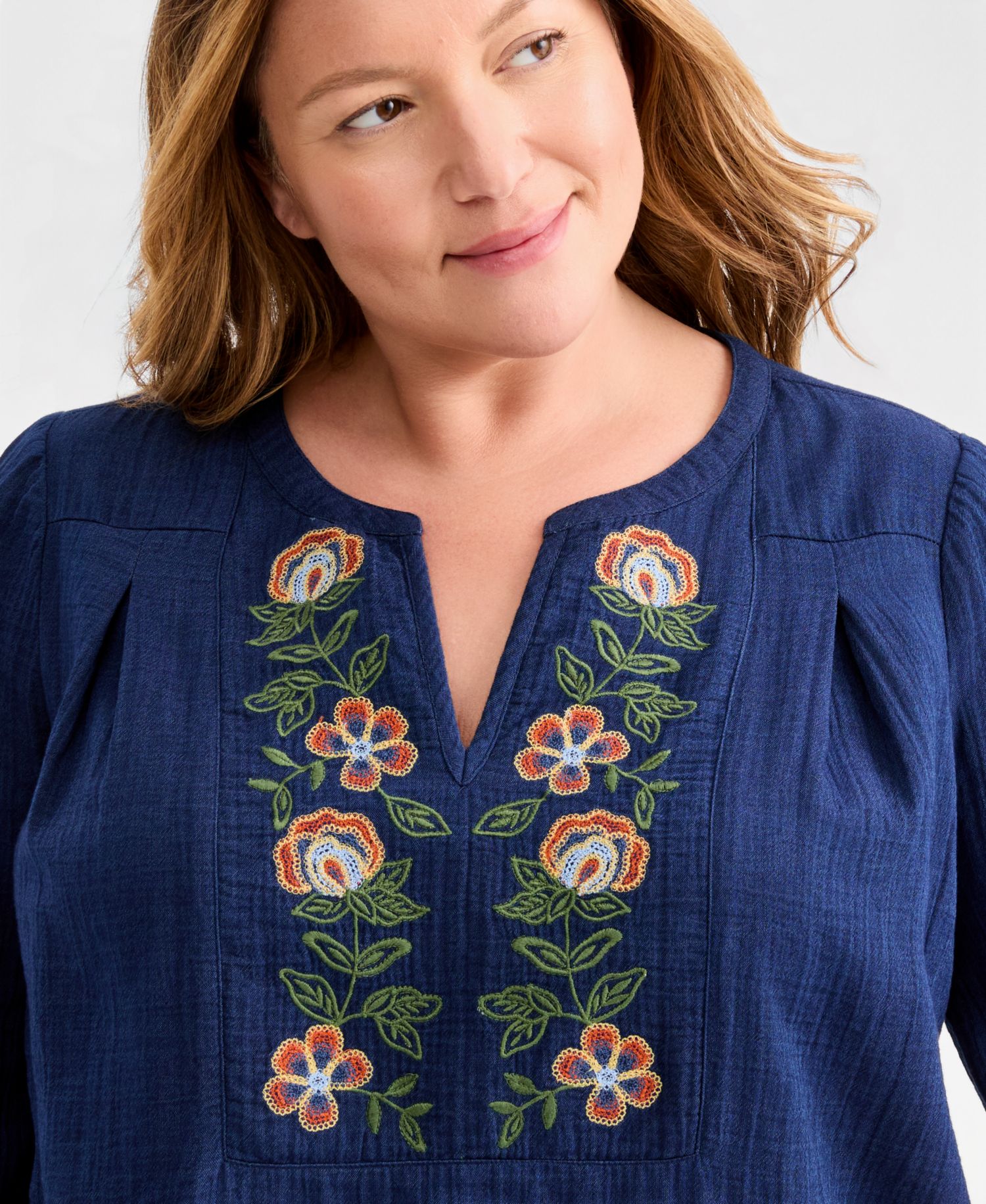 Plus Size Embroidered-Trim V-Neck Gauze Top