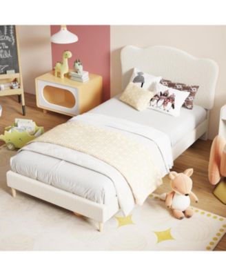 Kids Velvet Upholstered Bed Frame Scallop Headboard Platform Wood Slats Noise Free No Box Spring