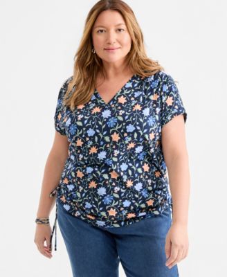 Plus Size Soft Floral Ruched-Tie V-Neck Top