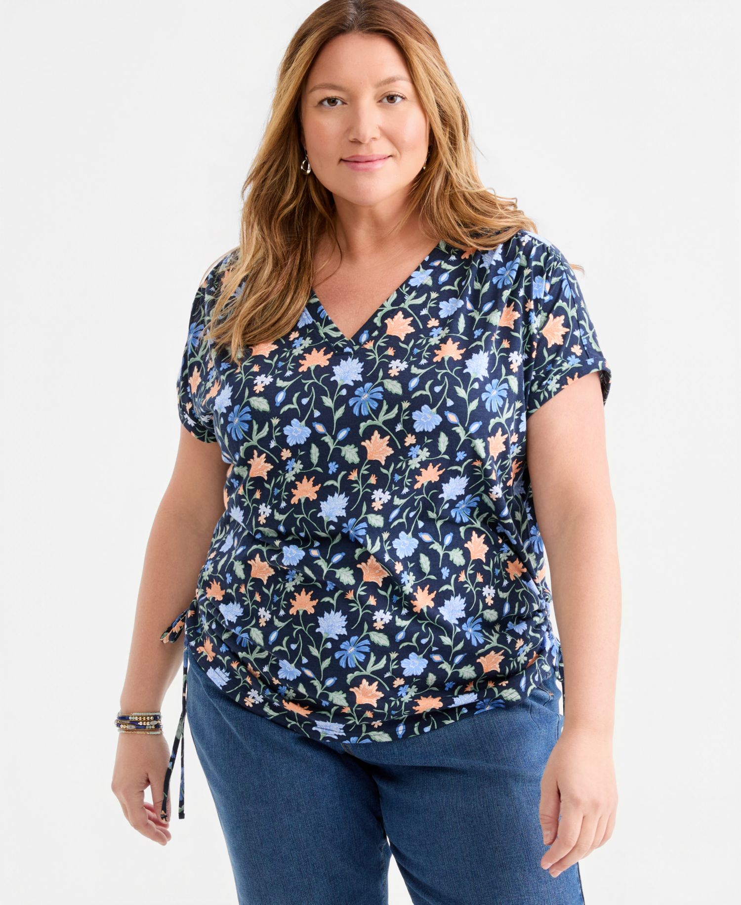 Plus Size Printed Ruched Tie-Hem V-Neck Top