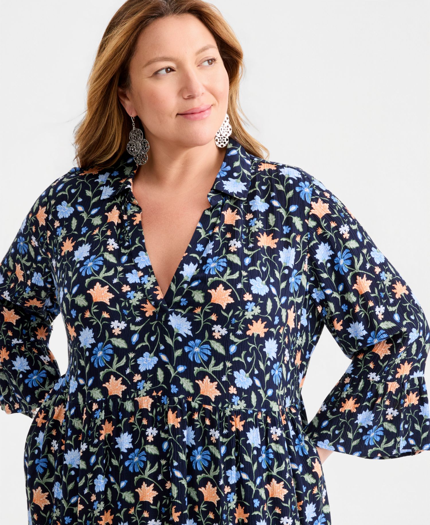 Plus Size Printed V-Neck 3/4-Sleeve Tiered Dress