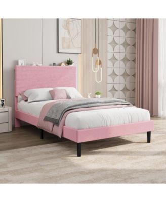 Twin Bed Frame with Charging Station, Corduroy Upholstered Platform Bed with Headboard Shelf, Wooden Slats, Noise Free, Easy Assembly