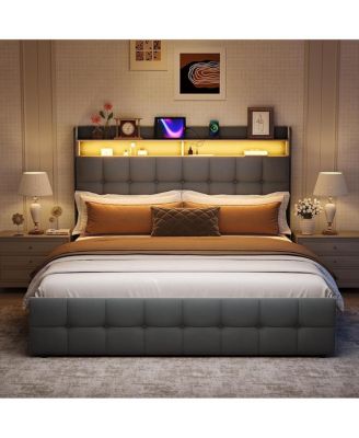 Queen Bed Frame with Headboard & 2 Storage Drawers, Upholstered Platform Bed with LED Lights, USB Charging Station