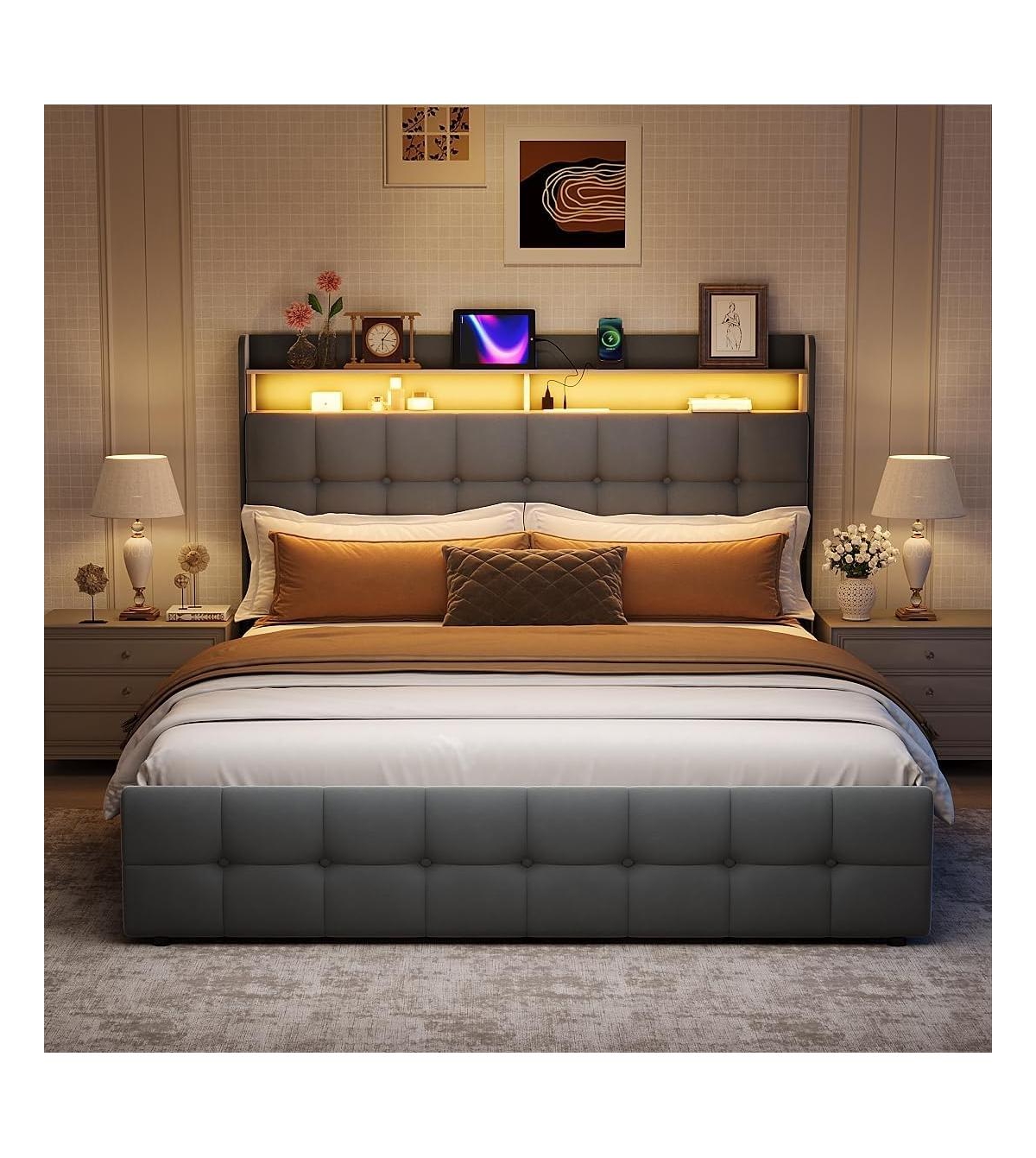 gaomon Queen Bed Frame with Headboard & 2 Storage Drawers, Upholstered Platform Bed with Led Lights
