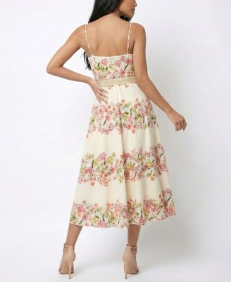 knee length dresses for ladies Blue Floral Smocked Puff Print Midi Dress – Peacocks & Pearls Lexington main image 1