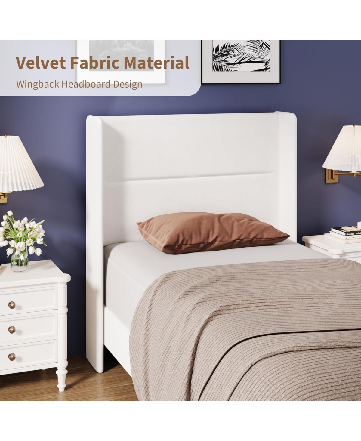 gaomon Twin Velvet Bed Frame with Wingback Headboard, Upholstered Platform Bed with Wood Slats, No Box Spring Needed