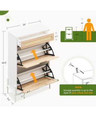 Slim Freestanding Wooden Shoe Cabinet with 2 Flip Drawers and Linen Front Panels