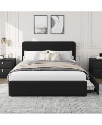 Queen Upholstered Platform Bed Frame with Headboard & Storage Drawers, Wood Slats Support, No Box Spring Needed