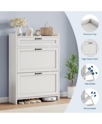 Shoe Cabinet with 2 Flip Drawers & 1 Top Drawer, Wooden Shoe Organizer Cabinet with Adjustable Shelf, Freestanding Shoe Storage Cabinets