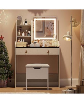 Vanity Desk with LED Mirror & Charging, Small Makeup Vanity Set, 2 Drawers, Stool, Storage for Girls