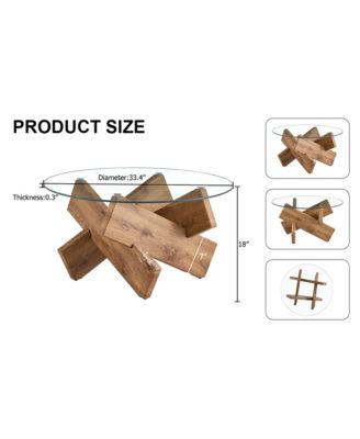 Round Glass Top Coffee Tables, Modern Unique Center Table with Crossed Wood Legs for Living Room