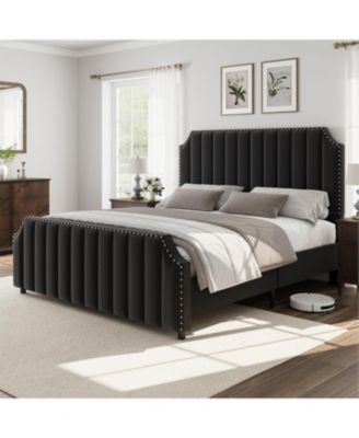 California King Velvet Upholstered Platform Bed Frame with Headboard & Footboard, Nail head Trim, Sturdy Wooden Slats, Silent Design