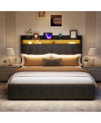 Queen Bed Frame with Headboard & 2 Storage Drawers, Upholstered Platform Bed with LED Lights, USB Charging Station