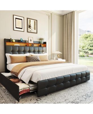 Queen Bed Frame with Headboard & 2 Storage Drawers, Upholstered Platform Bed with LED Lights, USB Charging Station