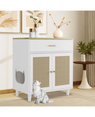 Hidden Cat Litter Box Enclosure Furniture, 31.5" Wooden Dog Proof Cat Litter Box Enclosure Cabinet with Drawer and 2 Sisal Doors