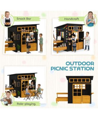 Kids Outdoor Playhouse, Wooden Kids Playhouse w/ Picnic Table