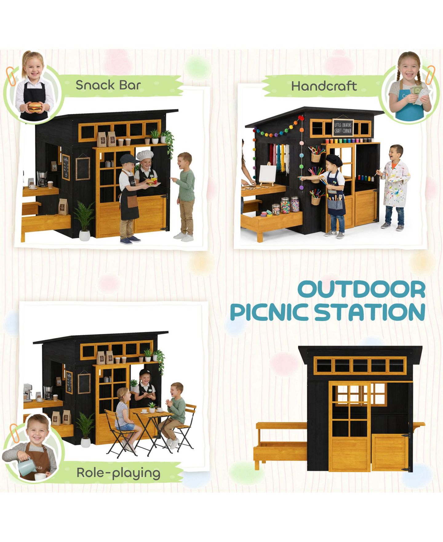 Детская игрушка Qaba Kids Outdoor Wooden Playhouse With Picnic Table, For 2-4 Players, Ages 3+, цвет: Чёрный — фото 6