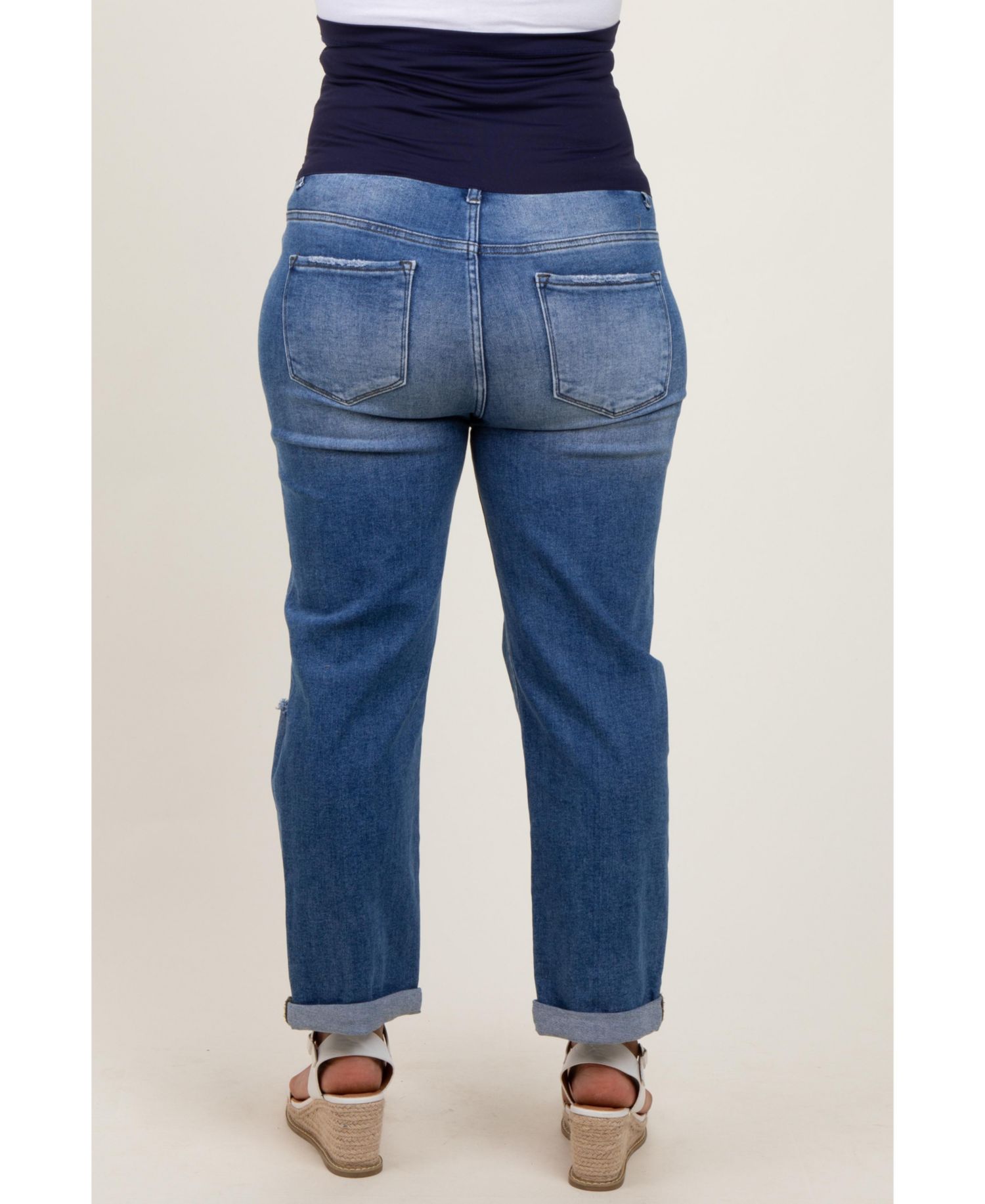 Women's Maternity Rolled Hem Distressed Straight Leg Plus Jeans