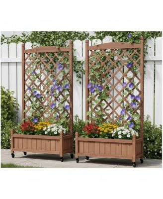 2 Pack Raised Garden Bed with Trellis, Outdoor Wooden Planter Box & Plant Stand with Climbing Racks
