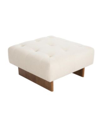 Square Upholstered Tufted Linen Fabric Ottoman, Solid Wood Legs