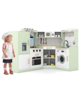 Corner Play Kitchen Toddler Kitchen Playset with Range Hood, Ice Maker, Microwave