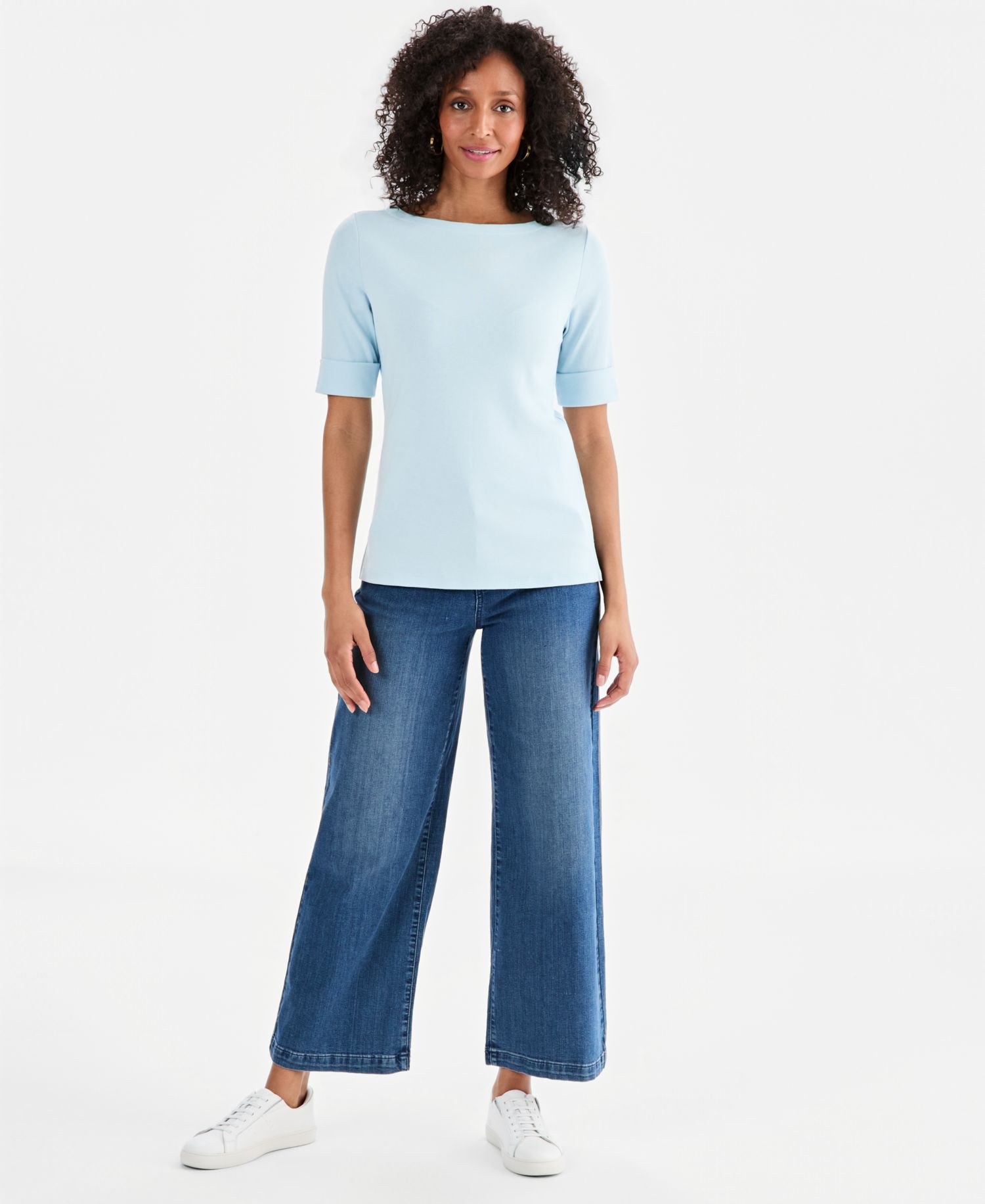 Petite Cotton Elbow-Sleeve Boat-Neck Top