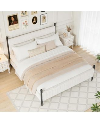 King Upholstered Bed Frame with Velvet Headboard, Corduroy Platform, Wood Slats.