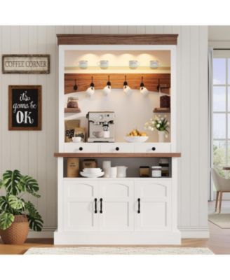 Coffee Bar Cabinet with LED Light, 72 in Tall Farmhouse Coffee Bar Hutch with Storage, Sideboard Buffet Cabinet with Microwave Stand