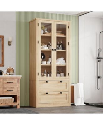 Tall Kitchen Pantry Cabinet - Modern Display Storage Cabinet with 2 Large Drawers, Glass Doors, and Adjustable Shelves