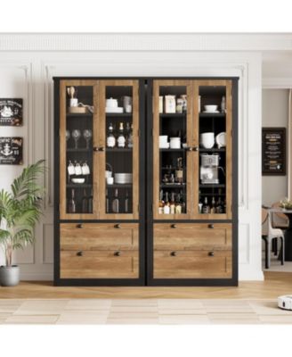 Tall Kitchen Pantry Cabinet - Modern Display Storage Cabinet with 2 Large Drawers, Glass Doors, and Adjustable Shelves