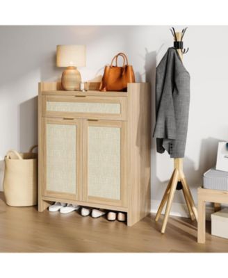 32” boho rattan shoe cabinet with doors and drawer, adjustable shelf, and wood finish—ideal as a coffee bar or accent console.