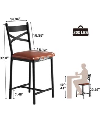 Set of 4 22" Bar Stools, Counter Height, PU Upholstered Seat, Metal Frame, X-Back, for Kitchen Island